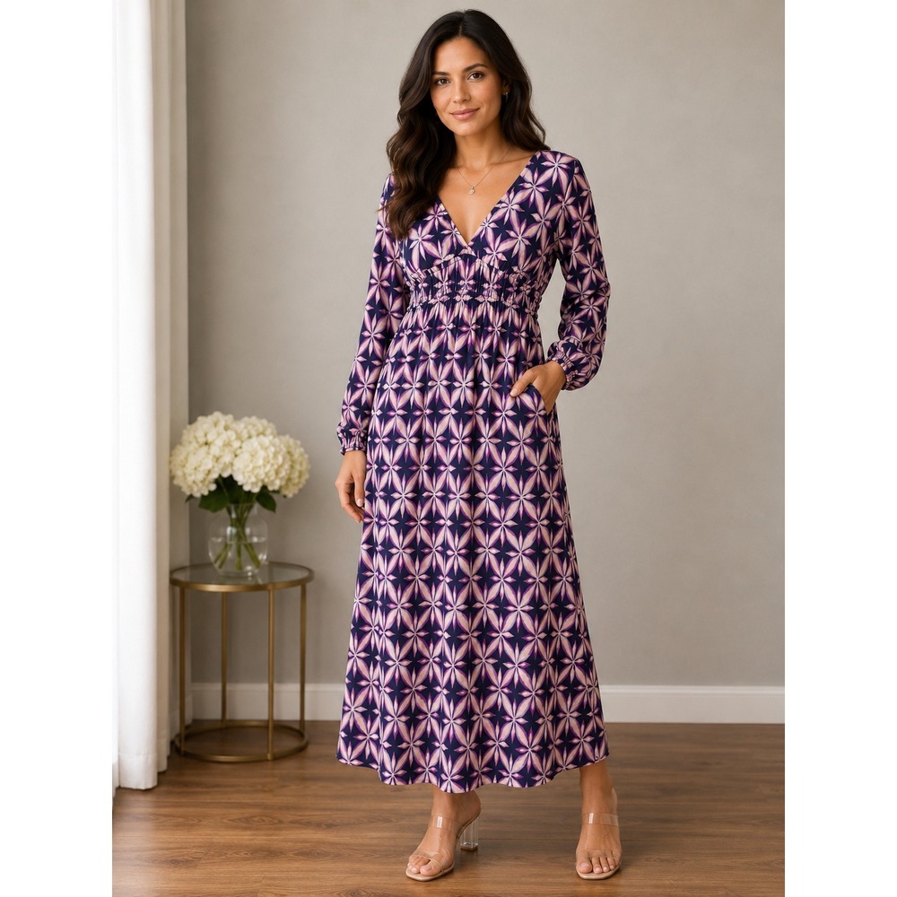 Electric & Rose Purple Geometric Floral V-Neck Smocked Maxi Dress Pockets L